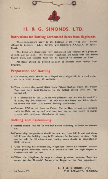 1951 H&G Simonds Bottling Instructions