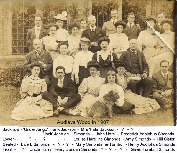 Taken in 1907 at Audleys Wood, the family home of Henry Adolphus Simonds, there are lots of missing names.